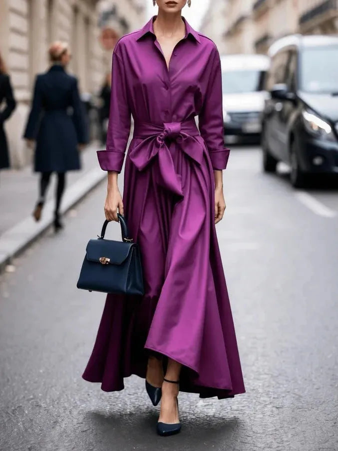 Solid colour maxi dress with lace-up front and asymmetric hem, in beige, black, navy blue or purplish red, polyester pullover style