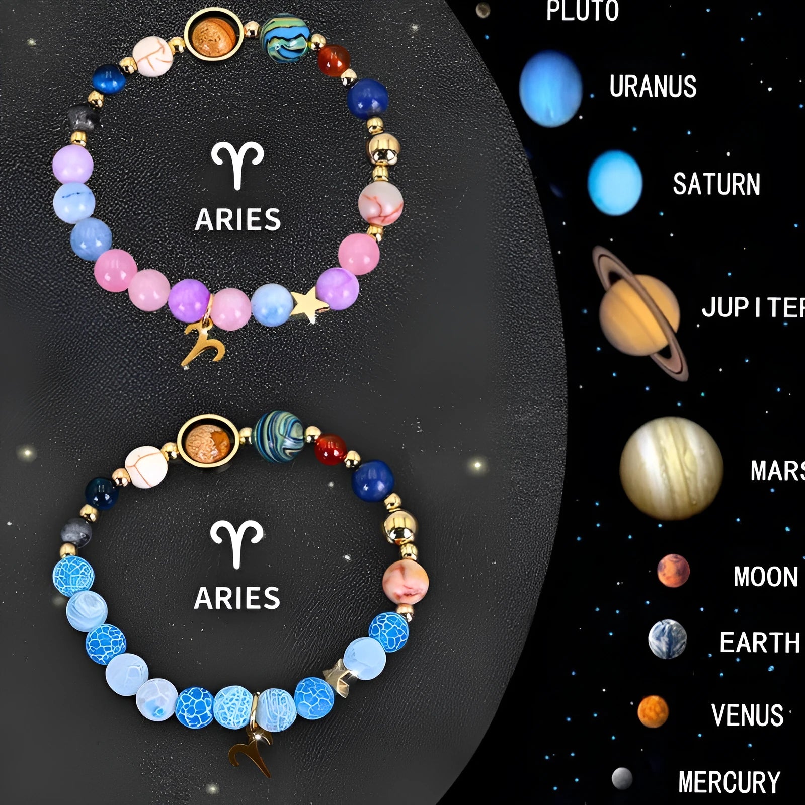 Set of two natural stone beaded bracelets with zodiac sign charms on an adjustable band