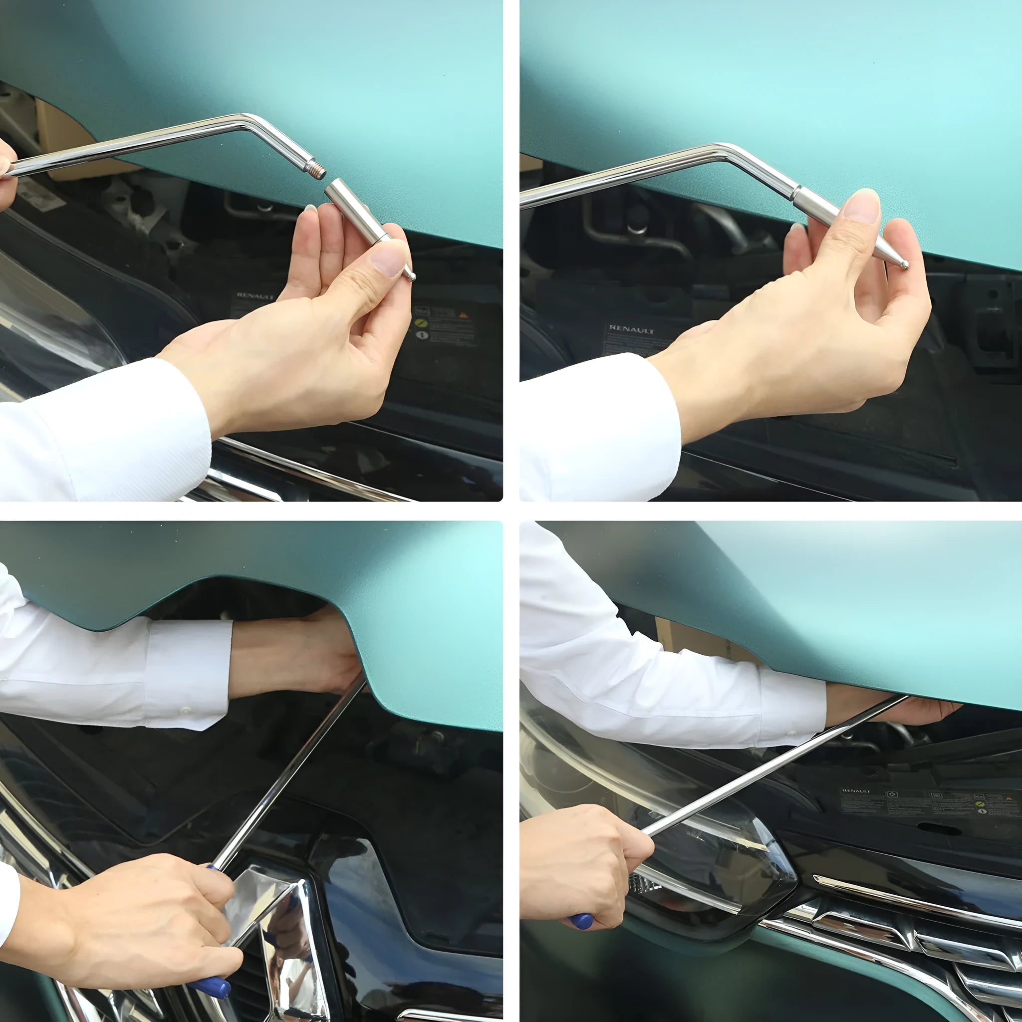 Three alloy steel hook crowbar tools for car dent repair on a workbench.