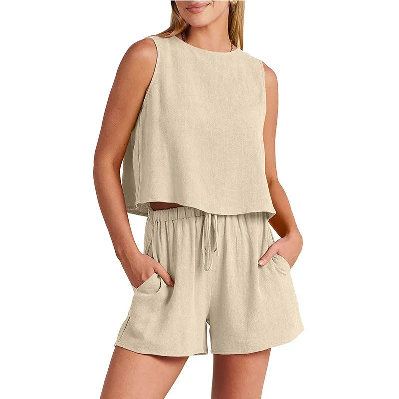 Women's sleeveless top and drawstring shorts summer two-piece set in rayon-linen blend fabric