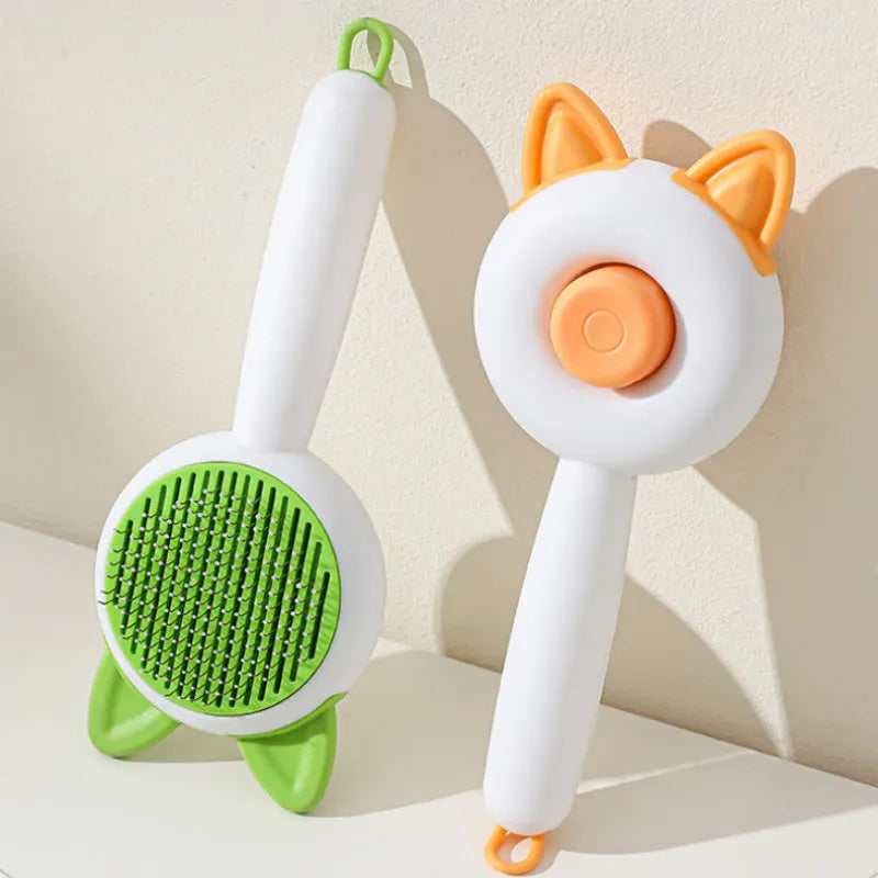 Self-cleaning cat grooming comb with stainless steel blades in greenish white or orange white colours