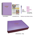 A5 purple budget notebook with coil binding, stickers, pen, and paper clips for financial planning
