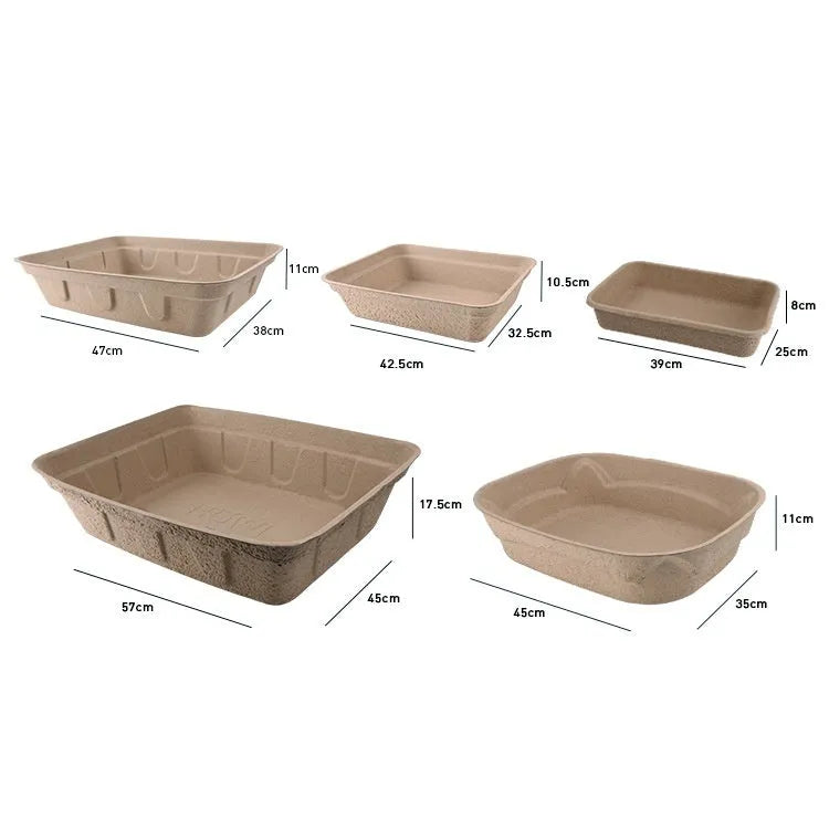 Brown disposable waterproof cat litter box shown in three different size options.