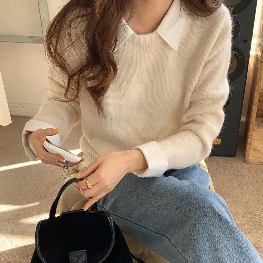 Idle Style contrast color lapels knitwear top for women, free size long sleeve polyester top in navy blue