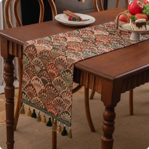 European retro style long sideboard table flag with handwoven tassels in a blue ginkgo leaf pattern