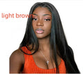 Long straight black synthetic wig with centre-parted bangs on a model.