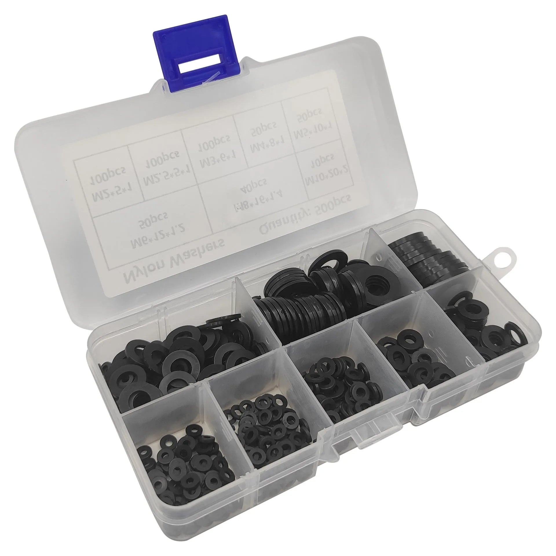 500 pack of black nylon plastic gasket washers in mixed metric sizes from M2 to M10 in a plastic storage box