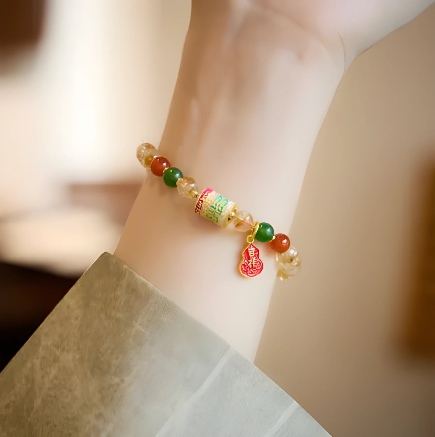 Hand-woven citrine crystal bracelet with five-sutra geometric pattern showing 6mm bead size