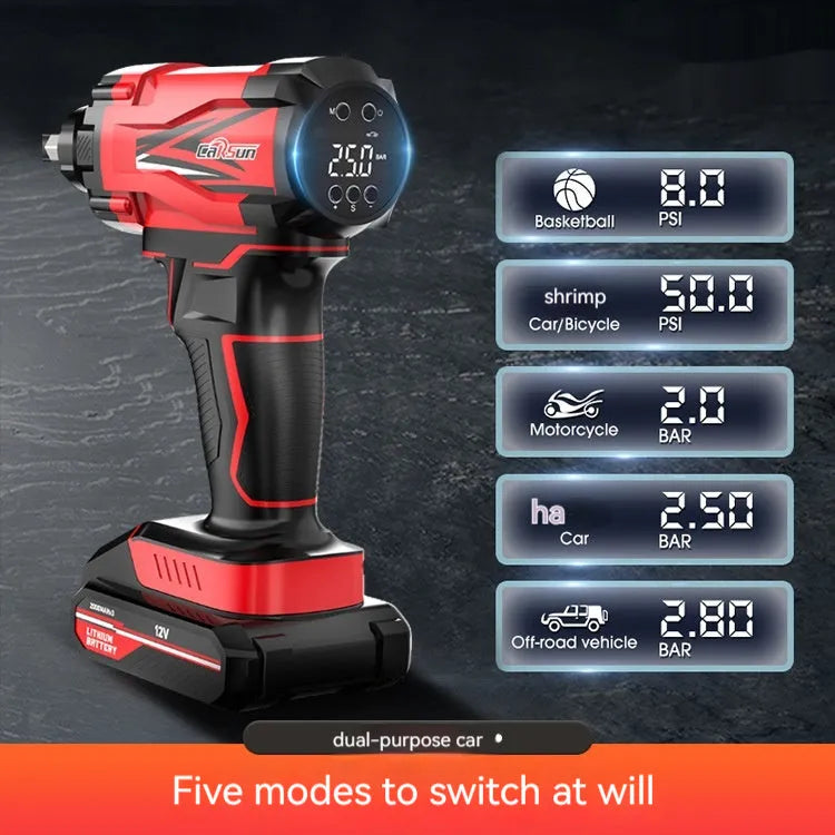 Red and black portable car wireless air pump with digital display, nozzles, and power cables.