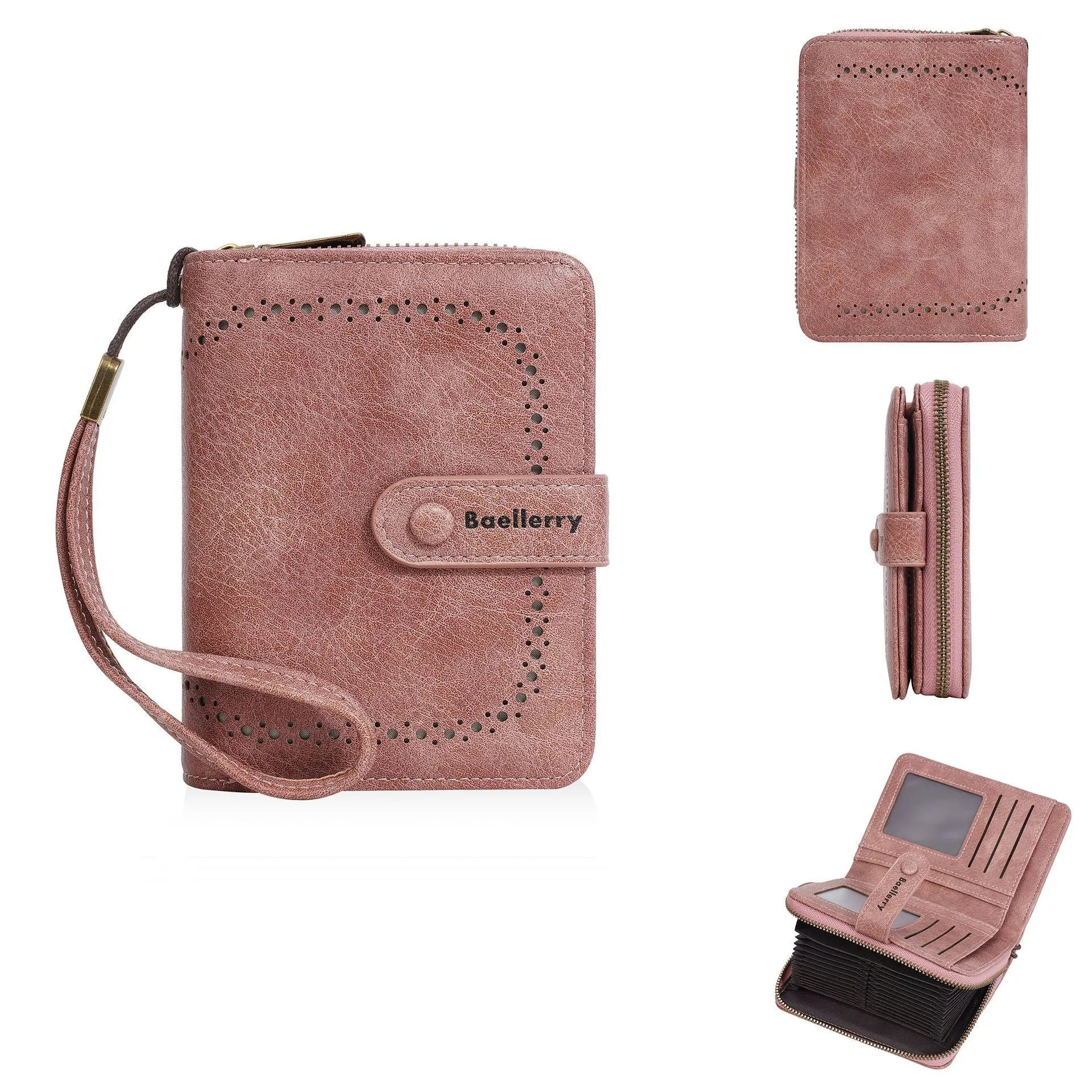 Women's black PU zip coin purse showing card slots and coin compartment.
