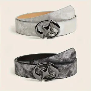 Retro women's thick belt with oval alloy buckle in antique grey-white finish