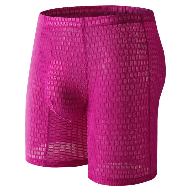 Men's solid colour lace boxer shorts on a white background, showing the textured fabric and hip-lifting shape.