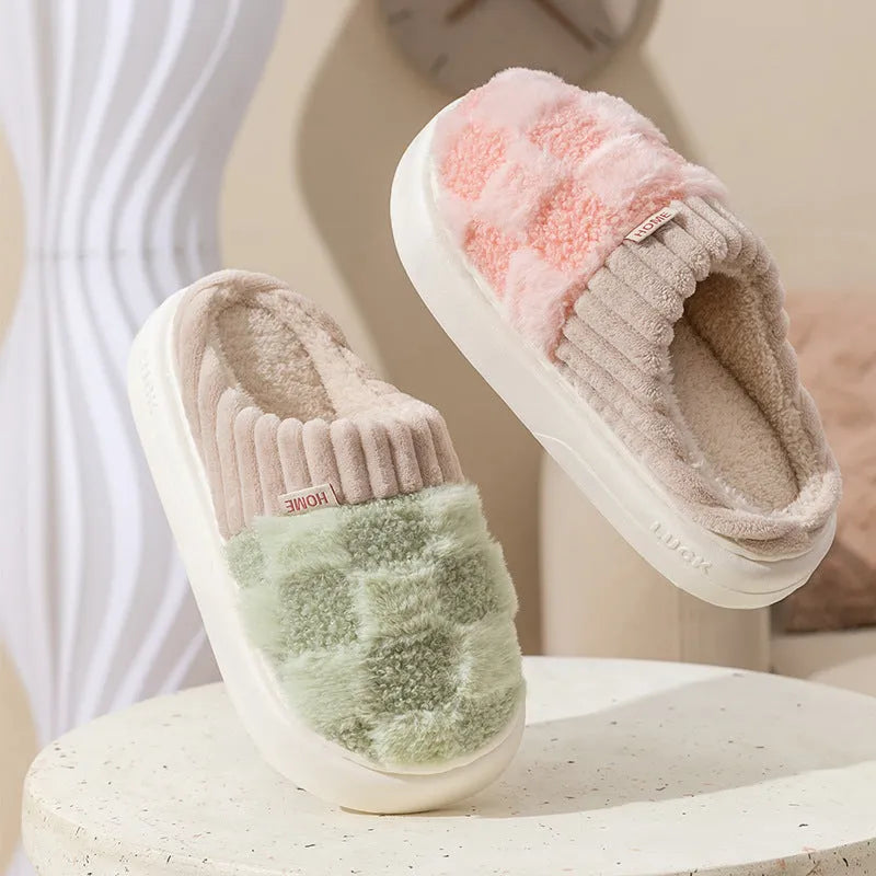 Plaid pattern women's plush slippers with round toe and non-slip sole in multiple colours