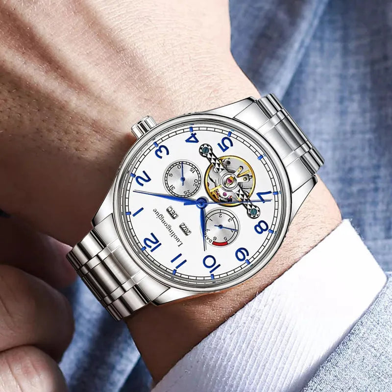 Men's stainless steel mechanical business watch with sapphire crystal glass and transparent case back