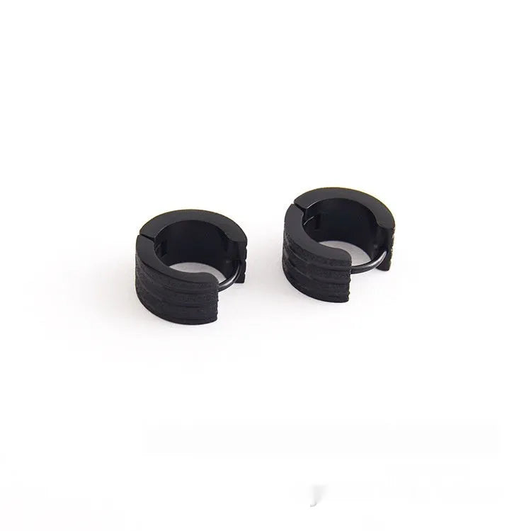 Geometric three-line frosted titanium steel earrings in black, gold, or steel colour on a white background.