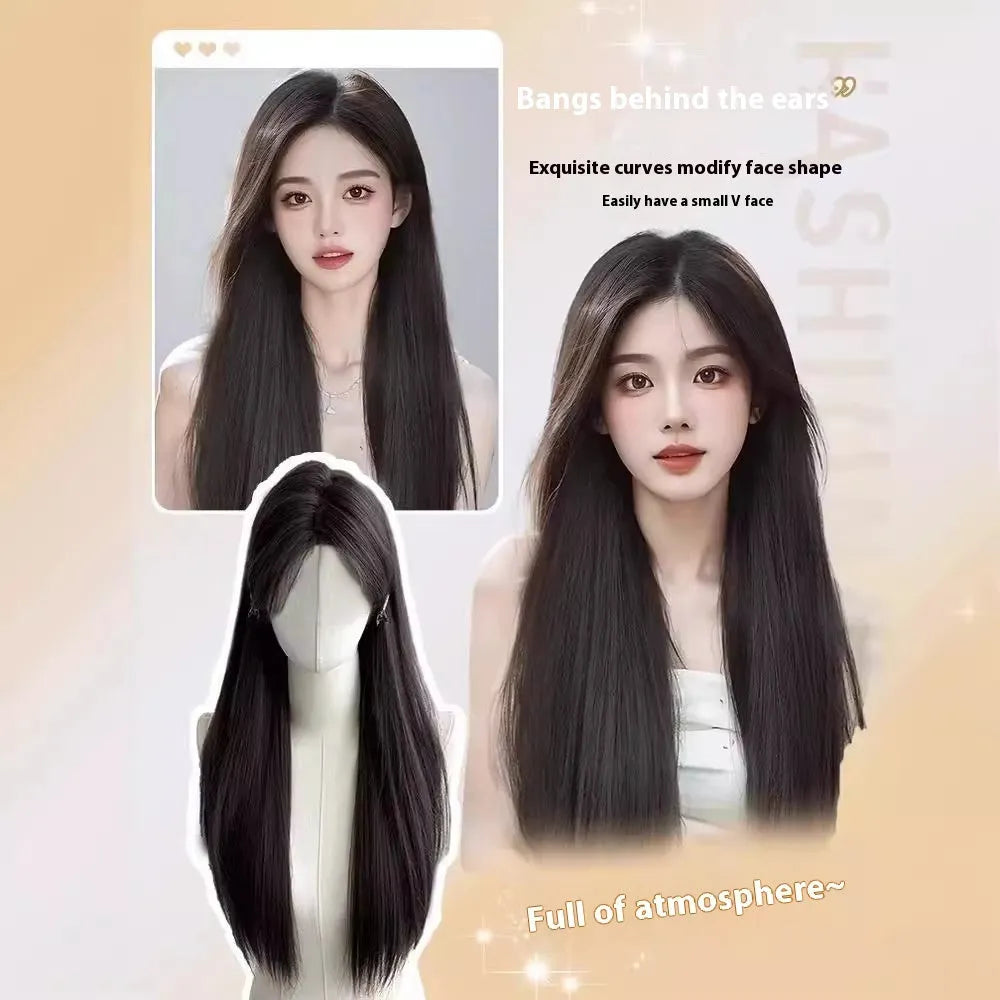 Forehead lace black long straight full-head wig with side bangs in high temperature fibre material