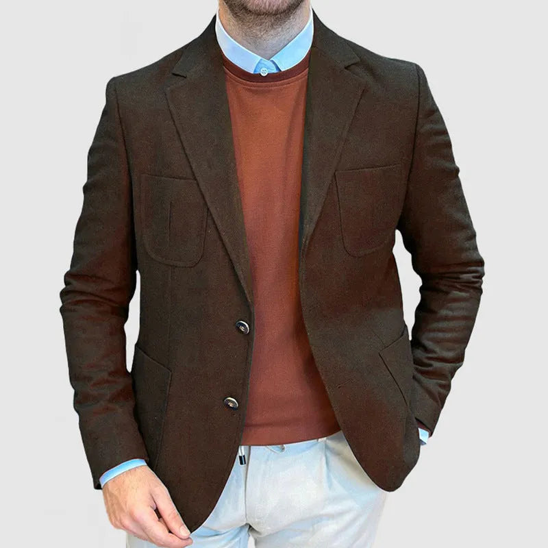 Men's casual cotton suit jacket in a loose fit retro style, shown in Army Green colour.