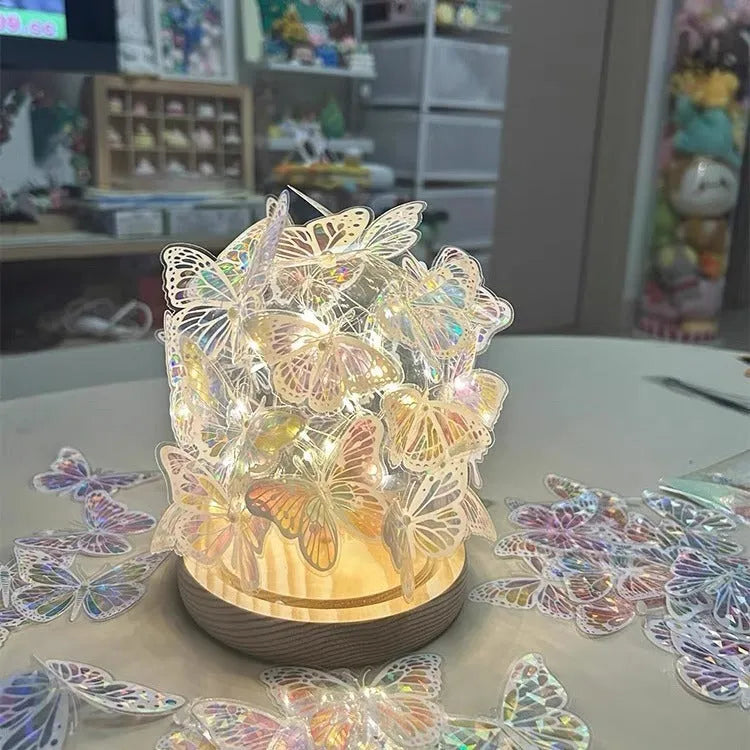 Butterfly night lamp with glass shade on raw wood base, 12x15cm bedside light