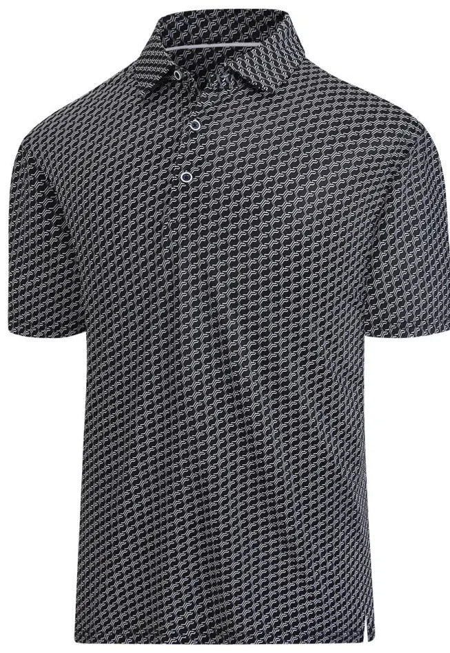 Men's grey short sleeve shirt with 3D printed graphic design and a front zip detail.