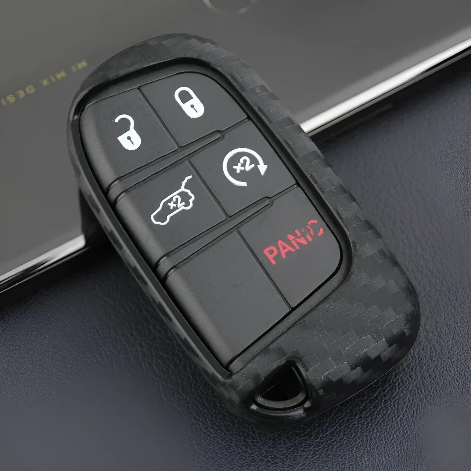 Carbon fibre patterned silicone protection case for Dodge Chrysler Fiat car remote keys with buckle attachment option