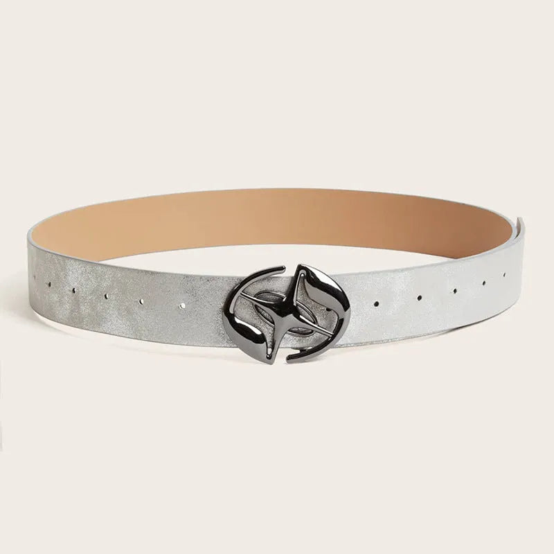 Retro women's thick belt with oval alloy buckle in antique grey-white finish