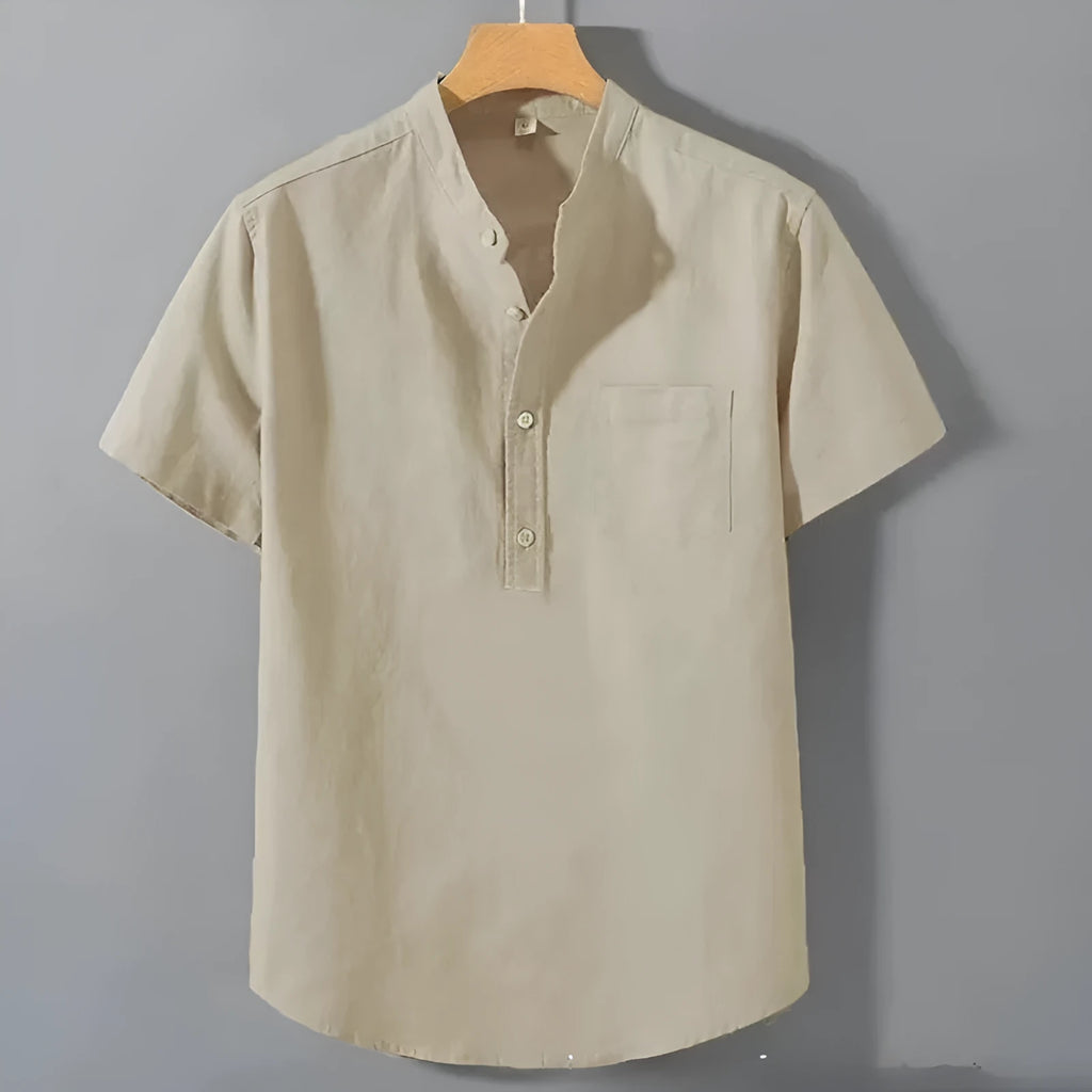 Men's beige casual stand collar short sleeve shirt made from slub linen blend fabric.