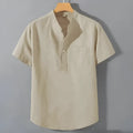 Men's beige casual stand collar short sleeve shirt made from slub linen blend fabric.