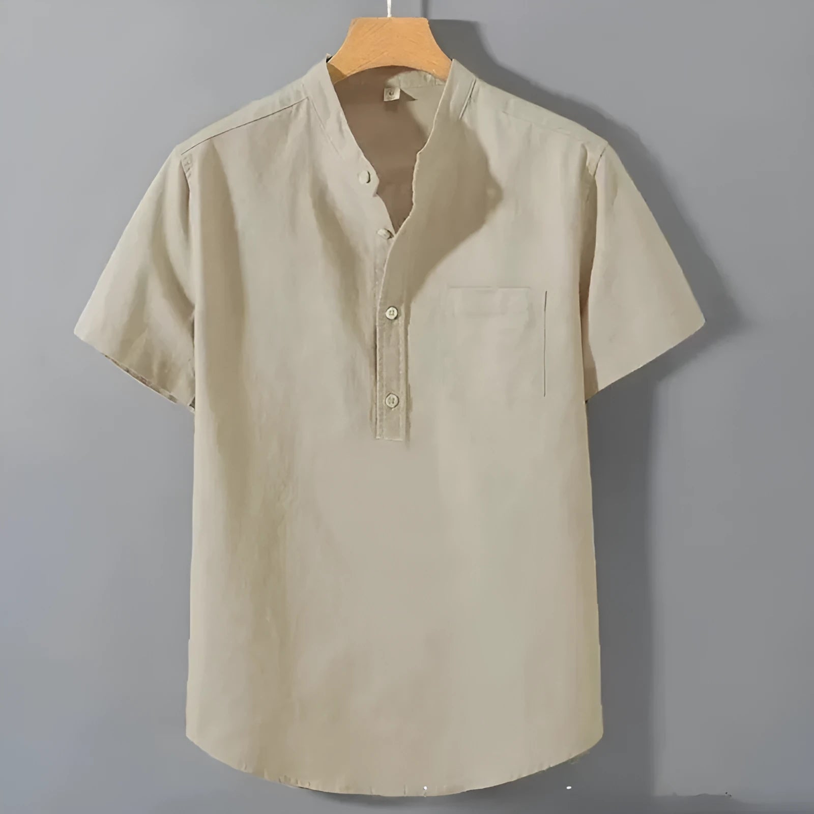 Men's beige casual stand collar short sleeve shirt made from slub linen blend fabric.