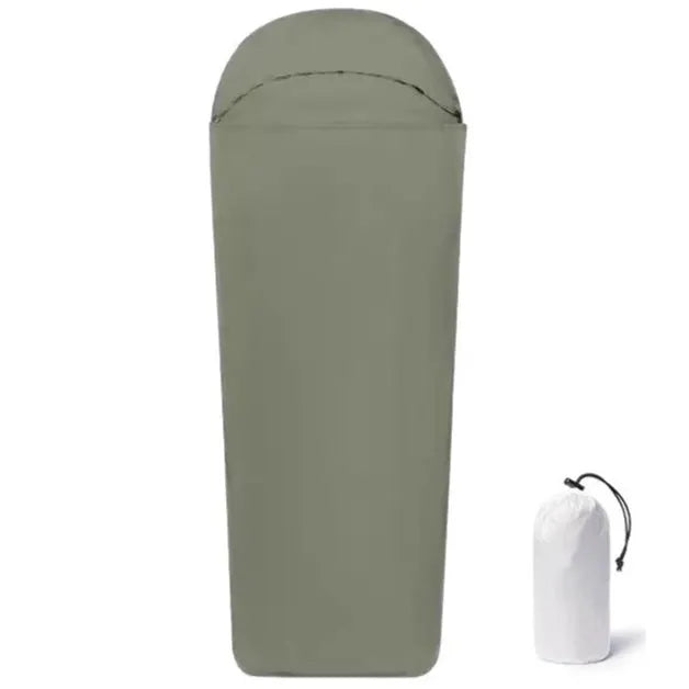 Blue or green nylon camping sleeping bag with mummy-style construction for adult outdoor use
