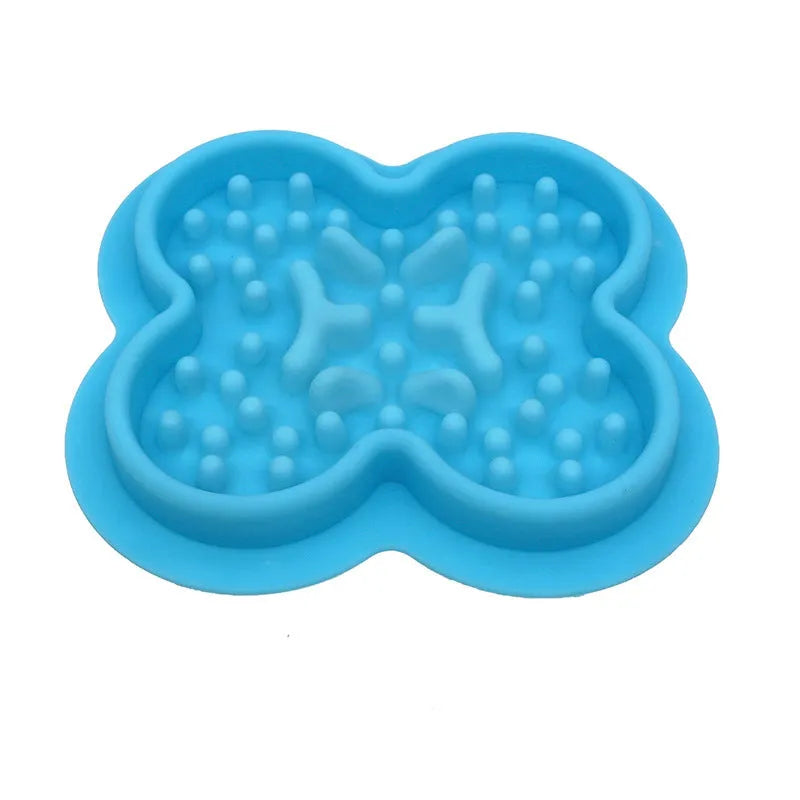 Silicone pet slow feeder licking pad with textured ridges, shown in blue colour