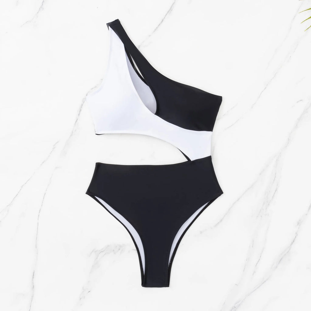 Black one-piece swimsuit with white contrast stitching and hollow cut-out details, front view, sleeveless design