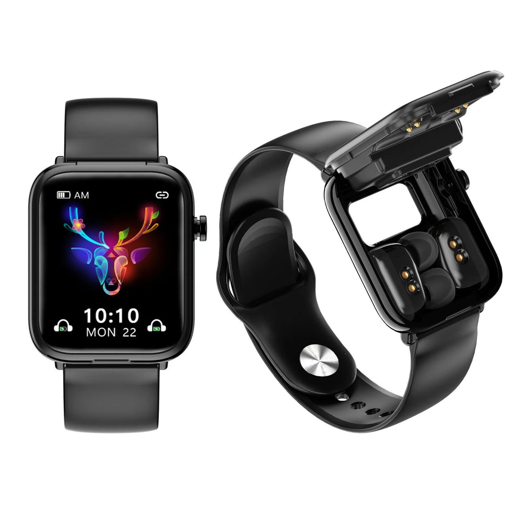 Black all-touch smart watch body with zinc alloy case, 1.69 inch screen, and integrated bluetooth headset features showing IP67 waterproof rating.