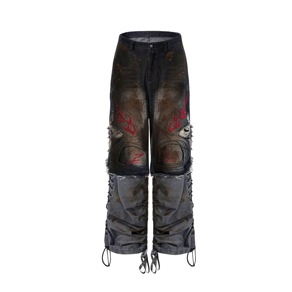 Men's retro denim jeans with detachable trouser legs in a wide leg, loose fit style.
