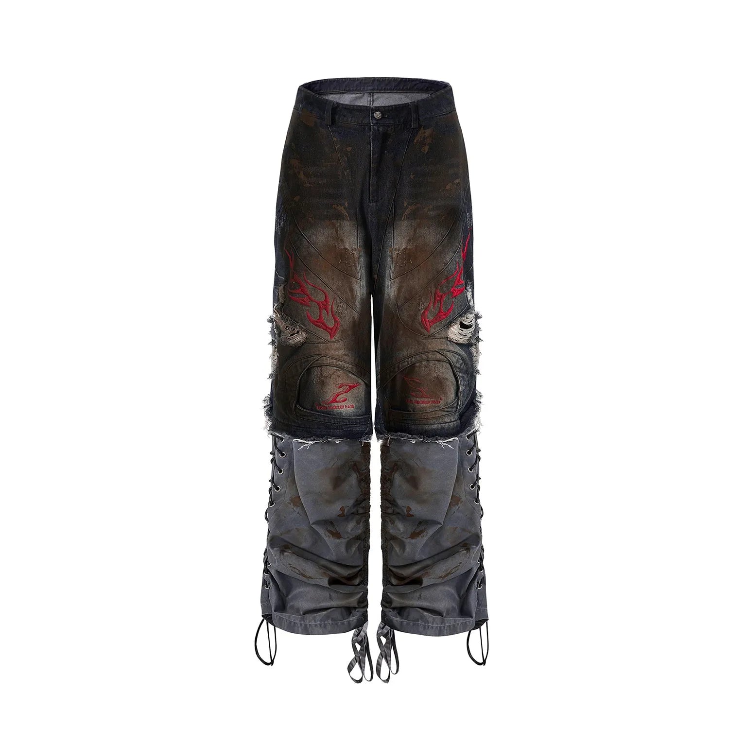 Men's retro denim jeans with detachable trouser legs in a wide leg, loose fit style.