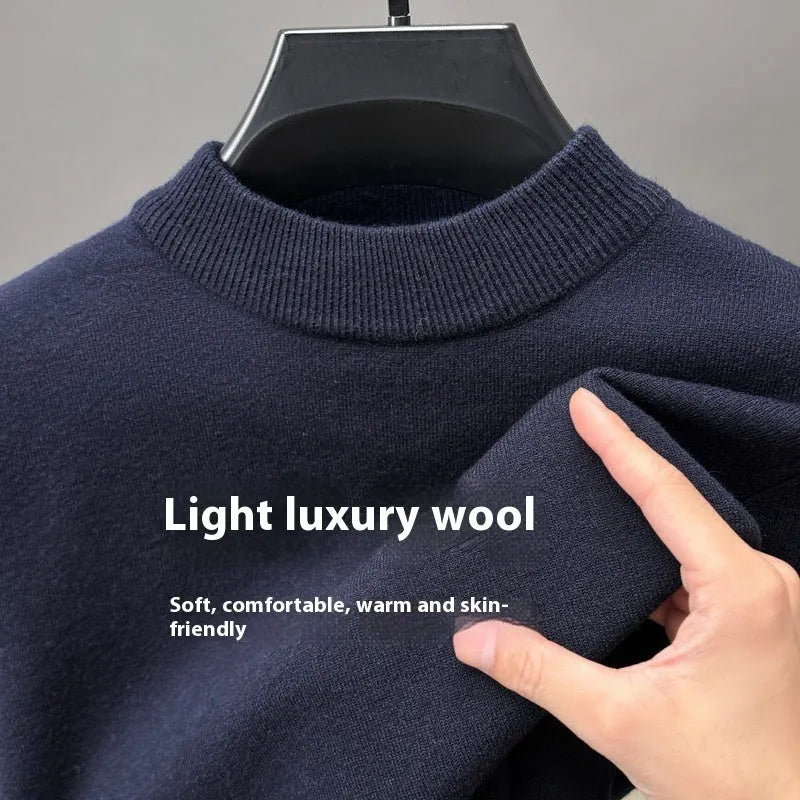 Men's solid colour fine wool half turtleneck long sleeve pullover on a hanger