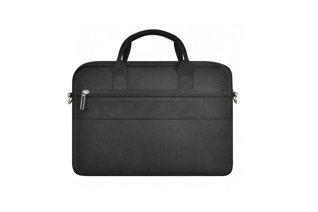 Black waterproof Oxford cloth laptop bag showing multi-pocket organisation and lock feature
