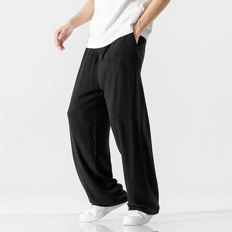 Men's bamboo fibre summer trousers in loose straight-leg cut with cropped length and drawstring waist