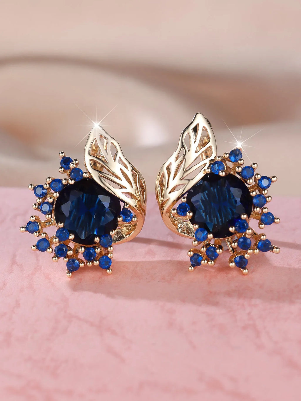 Round flowers feather design rose gold zircon earrings with coloured stone centre options