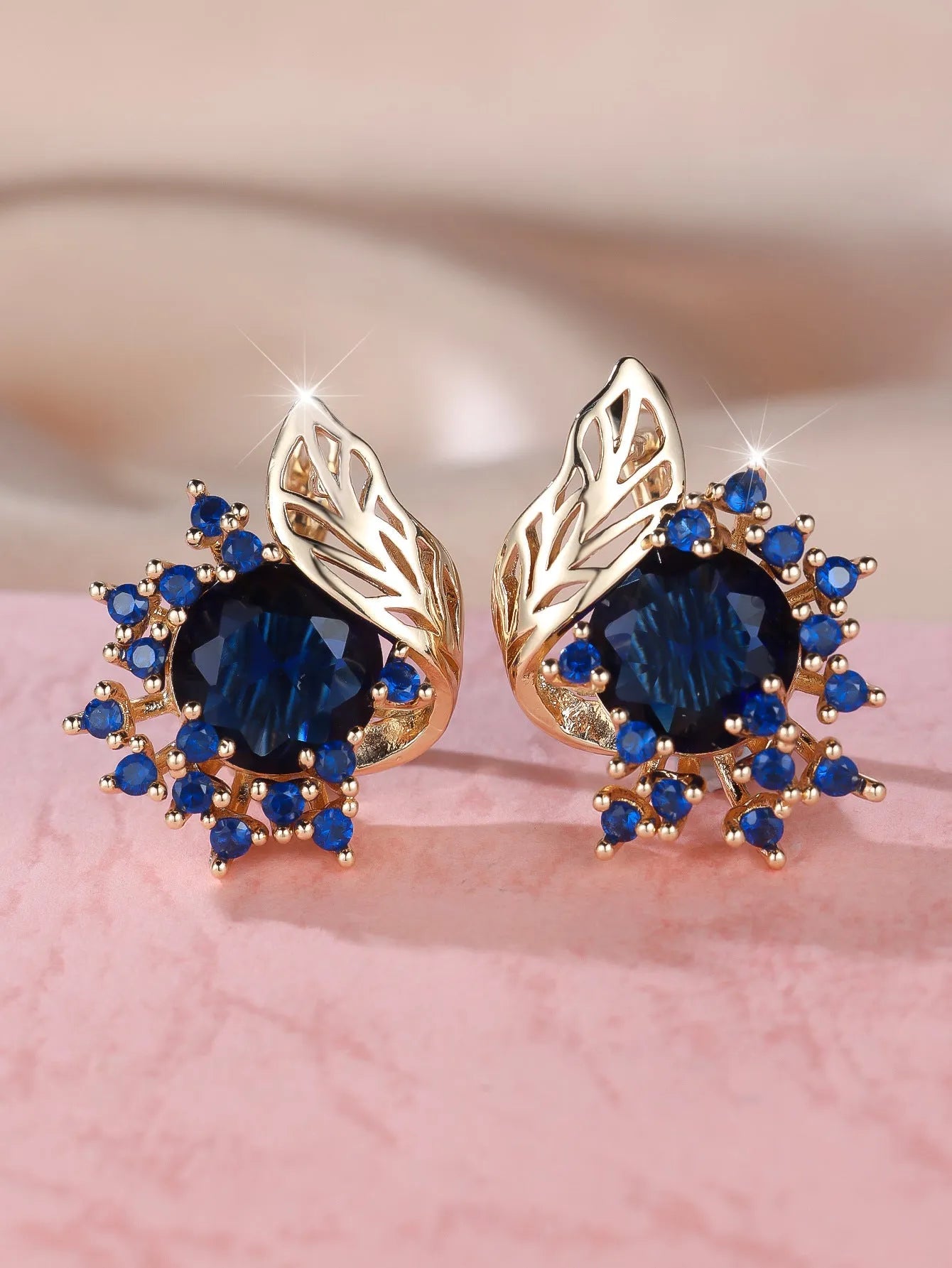 Round flowers feather design rose gold zircon earrings with coloured stone centre options