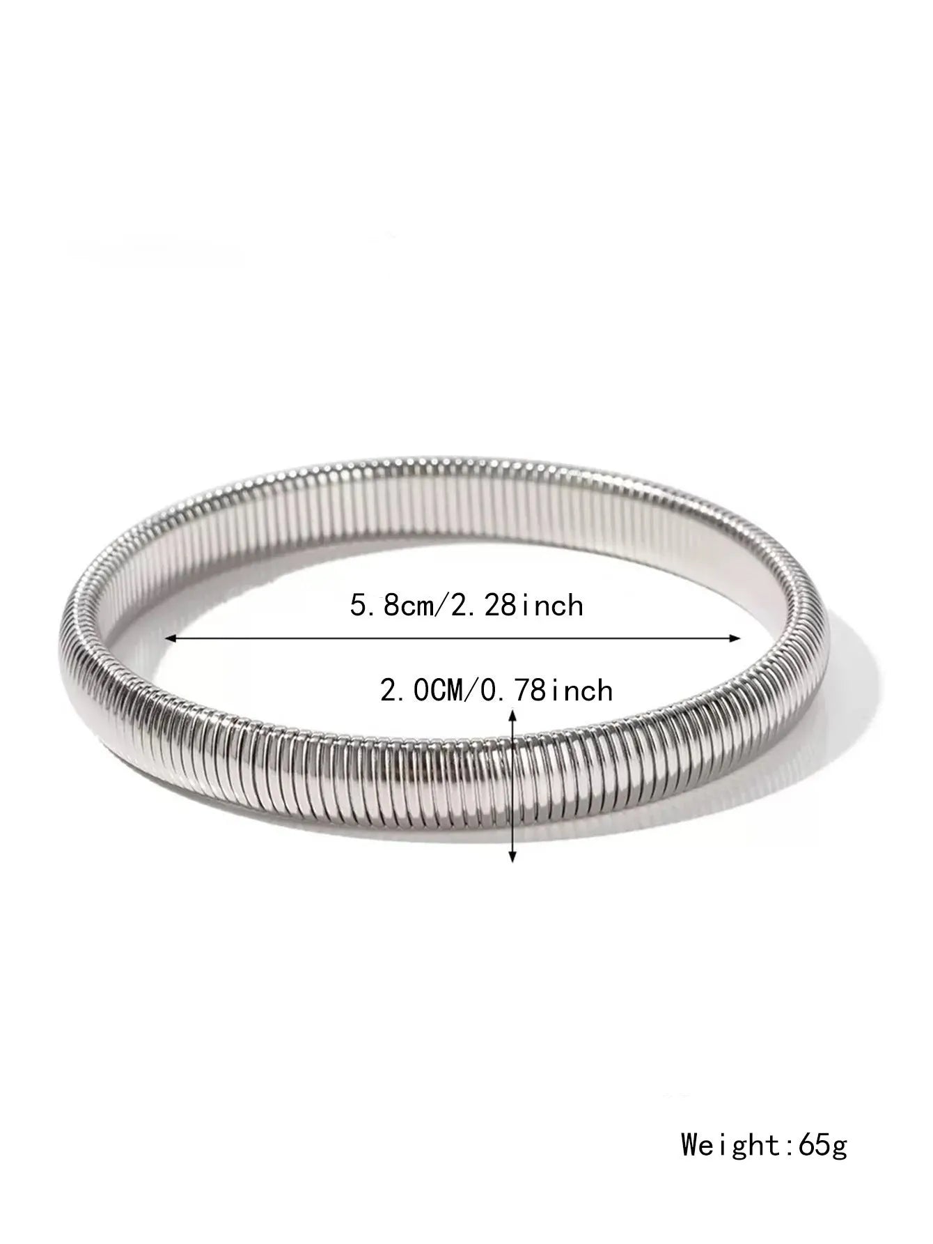 Gold titanium steel bracelet with elastic vertical stripe ring design, shown at 2cm width.