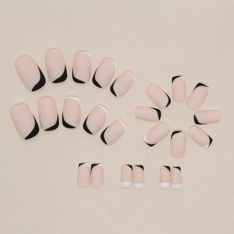 Set of black and white matte frosted false nails with mandarin duck colour design