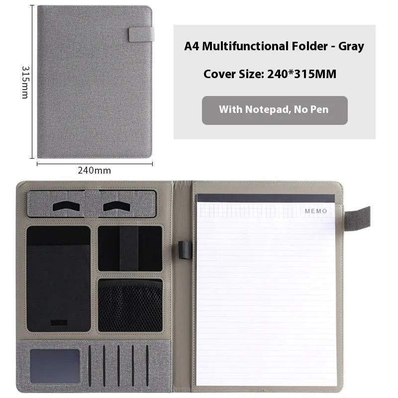 Black leather A4 business folder with pen holder and notepad accessories