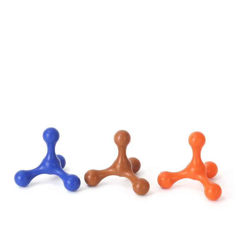 Blue three-legged silicone bone chew toy for small and medium puppies on white background