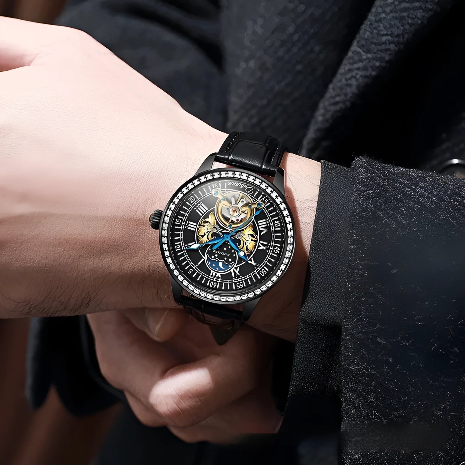 Men's waterproof mechanical watch with stainless steel case, transparent back showing movement, and mineral glass crystal.