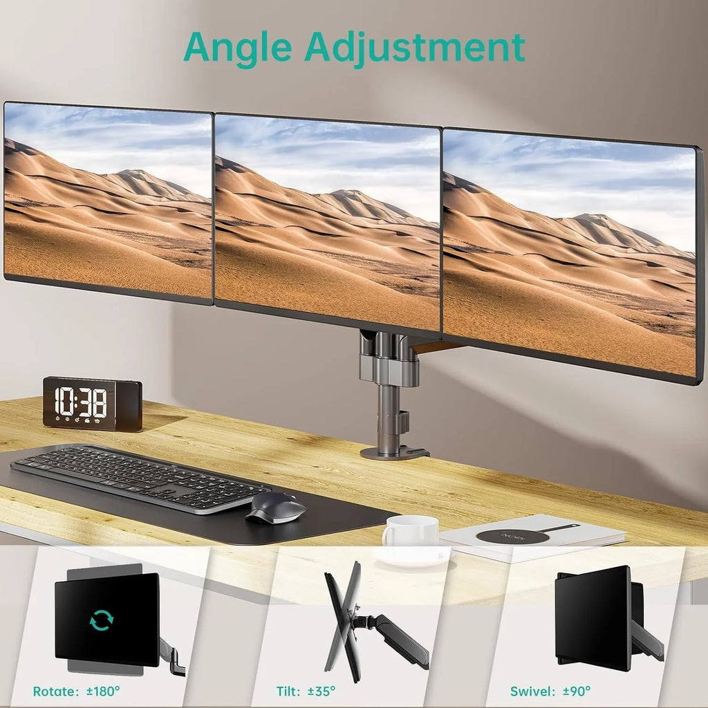 Black aluminium alloy three-arm gas spring monitor mounting arm for 27-inch screens