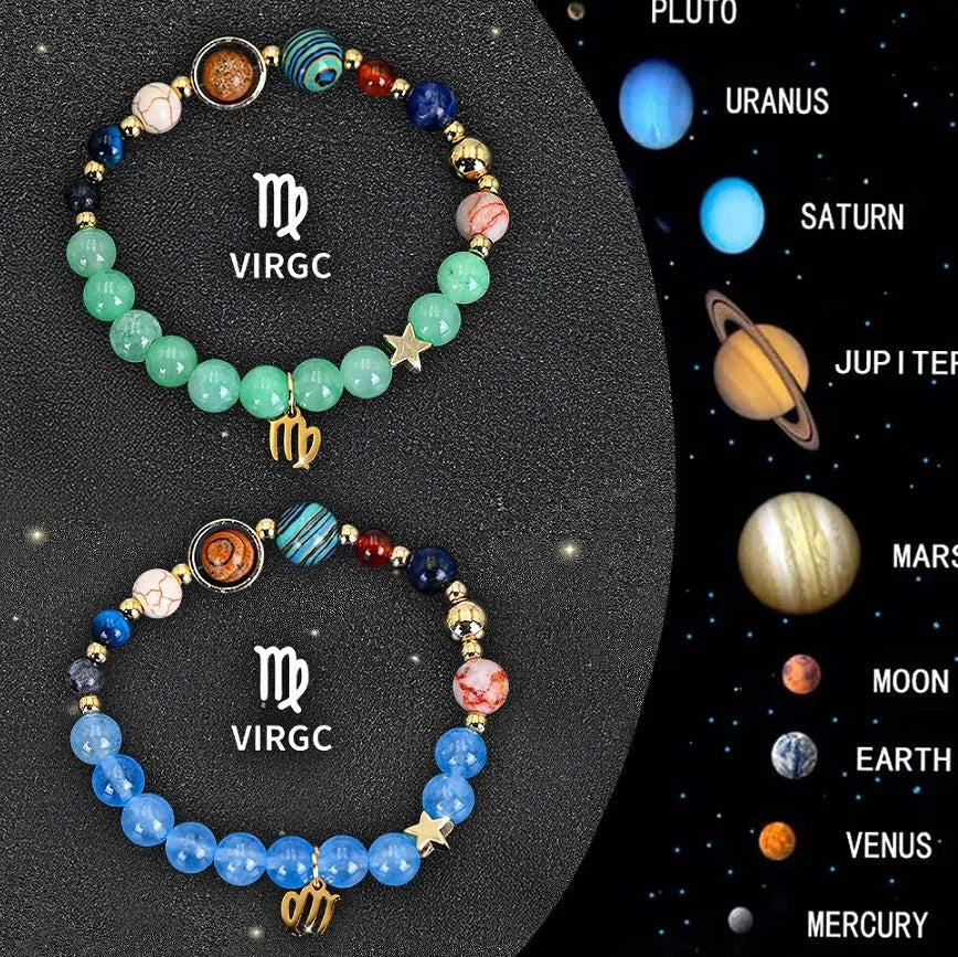 Two natural stone beaded bracelets with Chinese zodiac animal designs on elastic wristbands.
