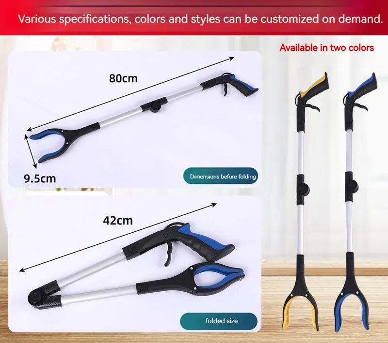 Folding aluminium rubbish clamp with magnetic tip, shown extended and collapsed, with blue handle option.