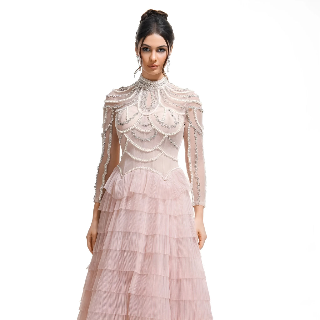 Women's long sleeve beaded dress in polyester fabric with three-dimensional decoration