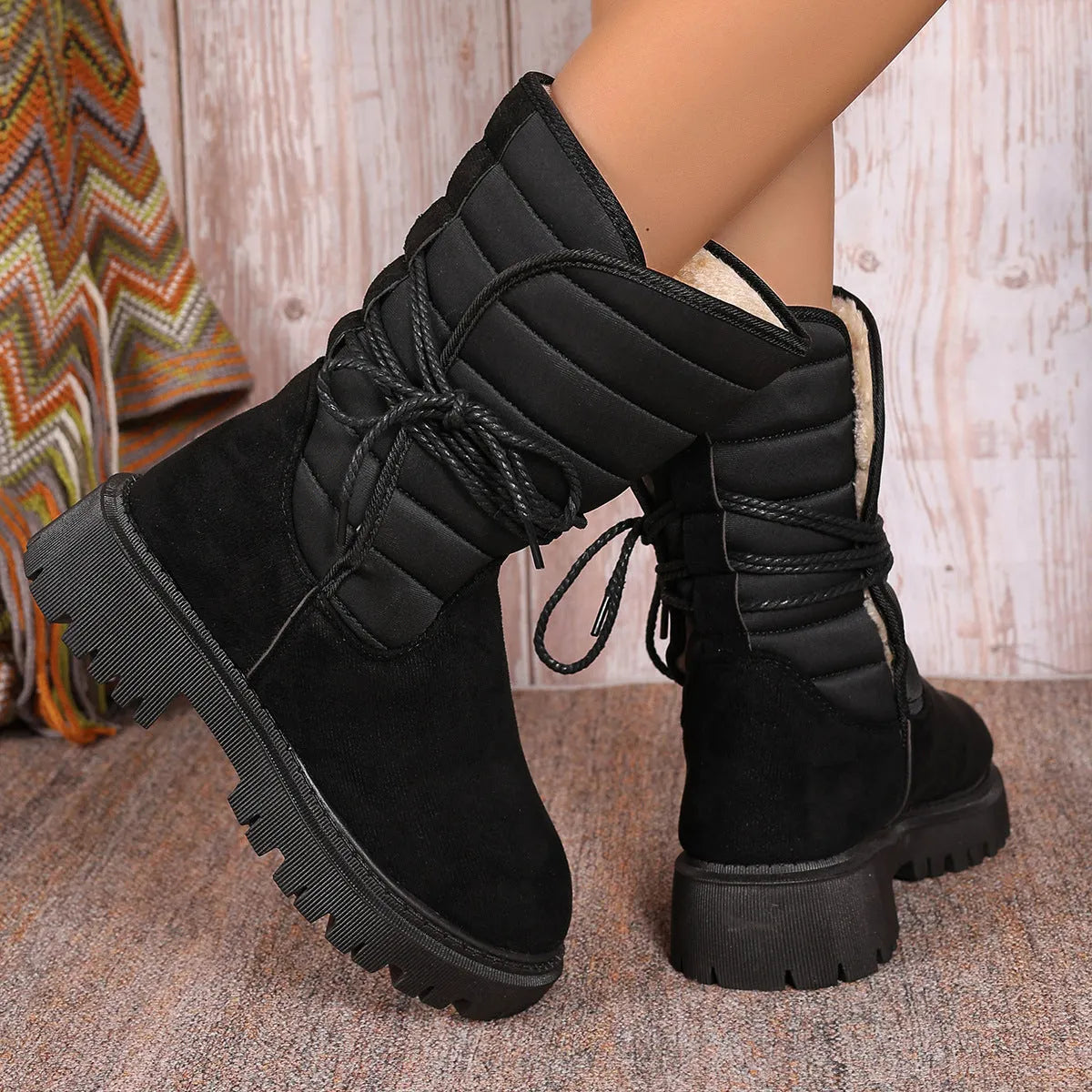 Women's chunky heel mid-tube snow boots with lace-up design in black, grey, and brown colours