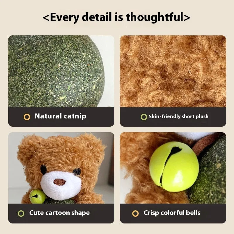 Brown bear plush cat toy with mint ball centre and bell for biting and play